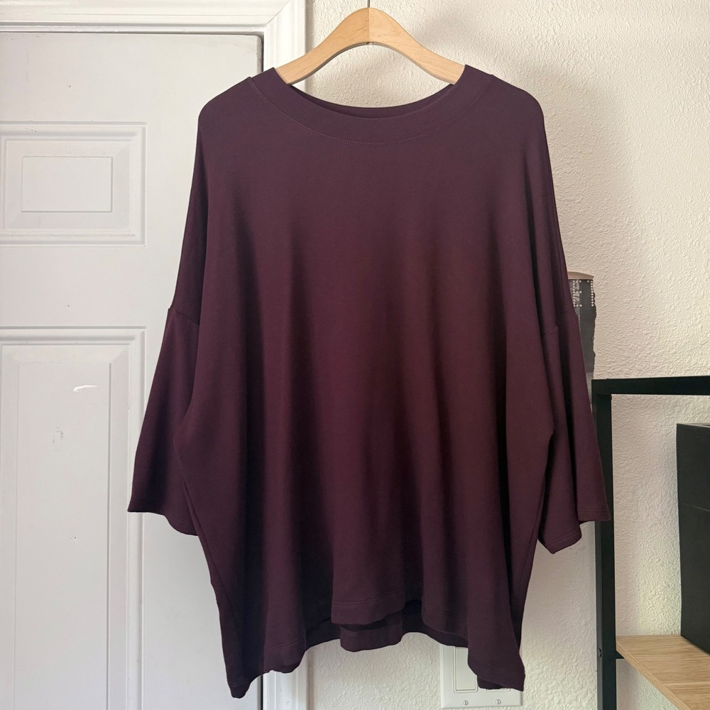 BLEUSALT plum eggplant purple boxy oversized knit crew neck short sleeve tee top